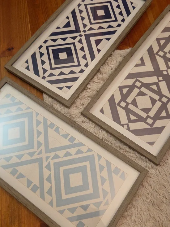Trio Geometric Framed Wall Art Set - Blue and Gray Quilt Pattern - Picture 2 of 5